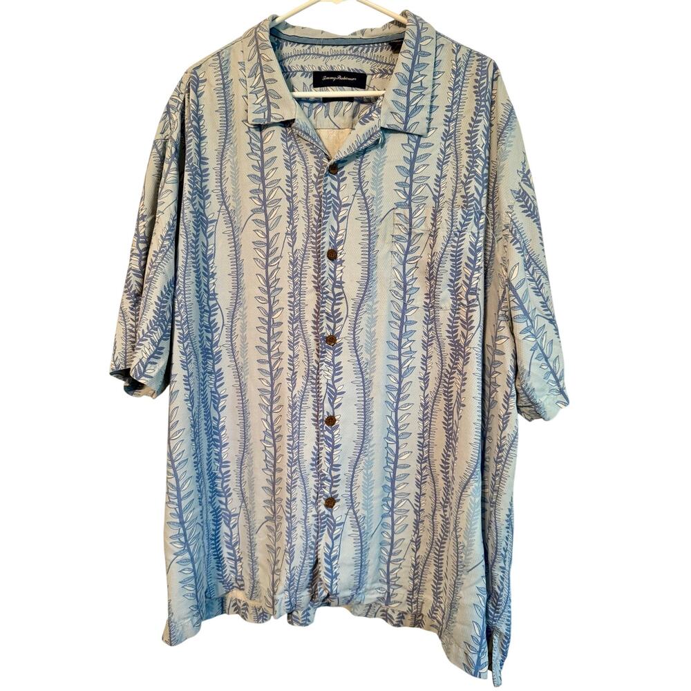 Tommy Bahama 100% Silk Short Sleeve Shirt Blue-Tone Leafy Vines XXXL 3X EUC